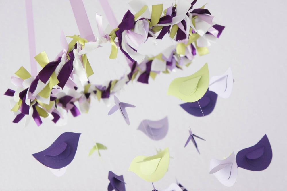 Purple Lavender Green Bird Nursery Mobile, Baby Shower Gift, Photographer Prop