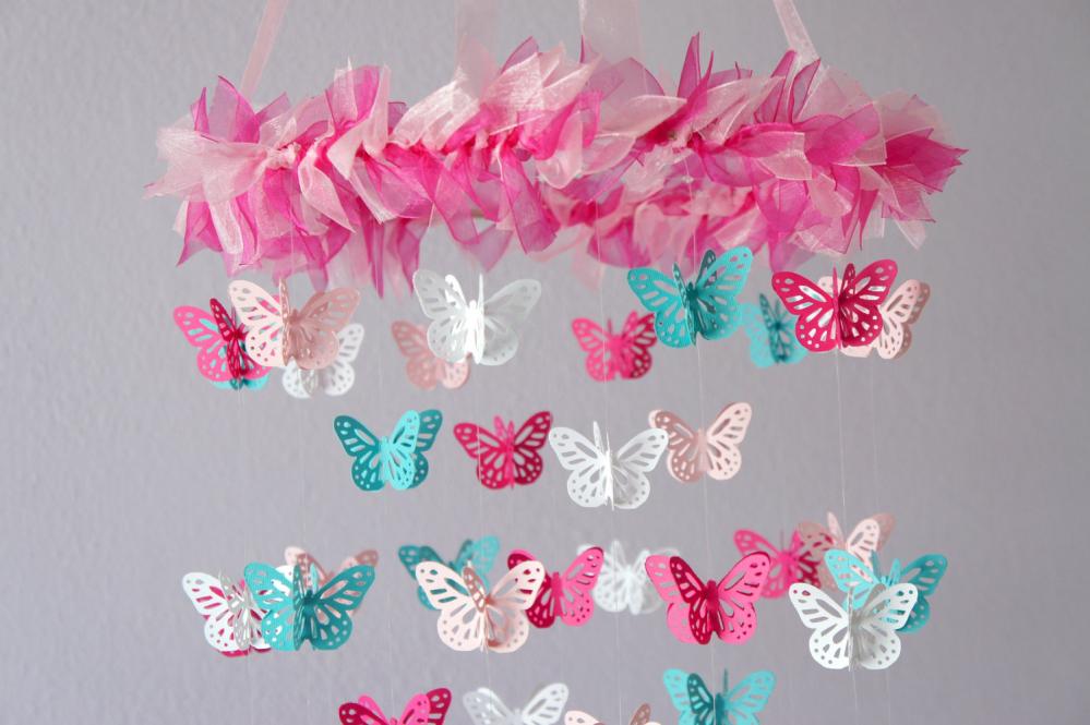 Nursery Mobile - Hot Pink & Aqua Butterfly Mobile, Photography Prop, Baby Shower Gift