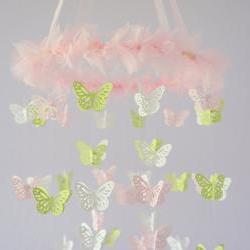 Nursery Mobile- Pink, Green, & White Butterfly Mobile, Baby Shower Gift, Photographer Prop